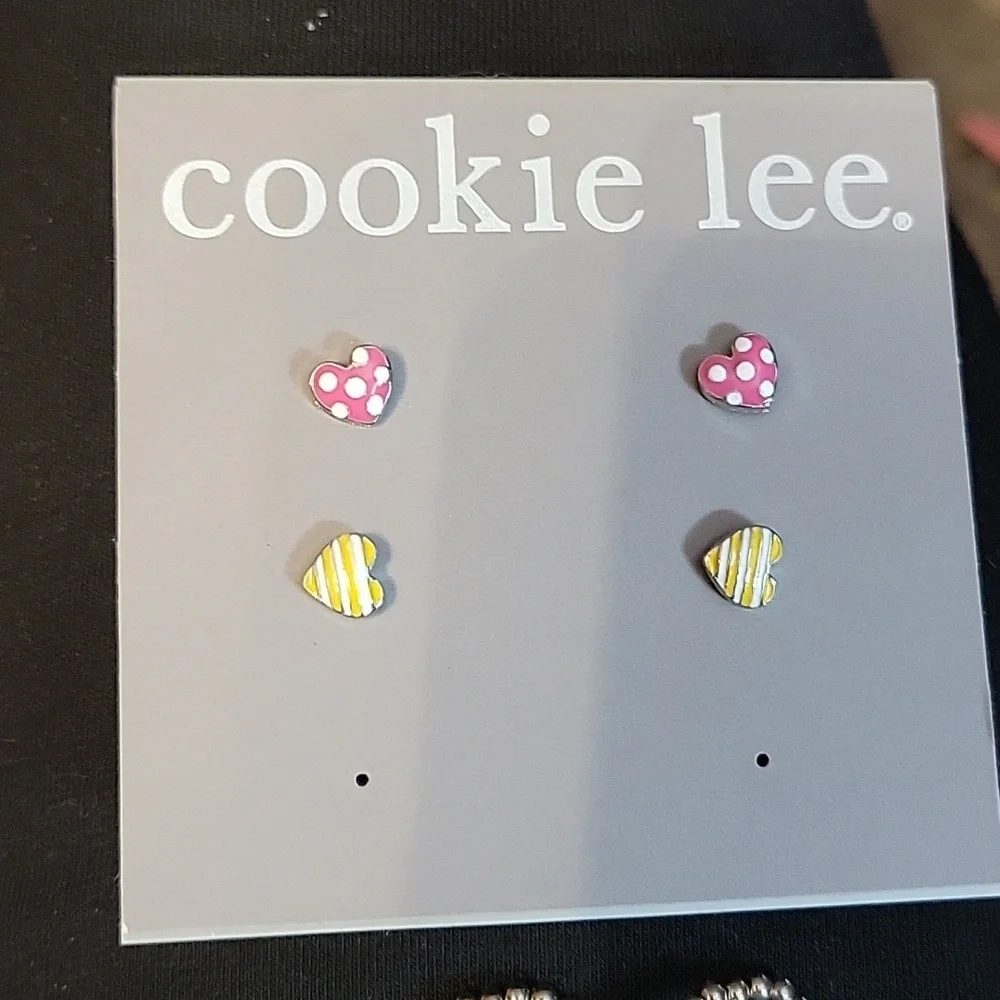 Cookie Lee Girls earings and rings hearts, flowers, butterfly, lady bug, 5 piece